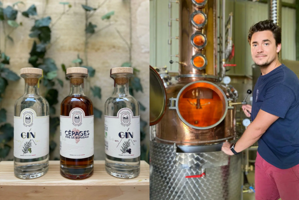 Sur la gauche, les 3 produits par la Distillerie des Deux mers : leur Gin rouge, Gin blanc, et Fine de Bordeaux. A gauche, sur la deuxième image, l'homme à l'origine de la distillerie : Boris Générat, devant un alambic dont il prélève un peu du précieux liquide.