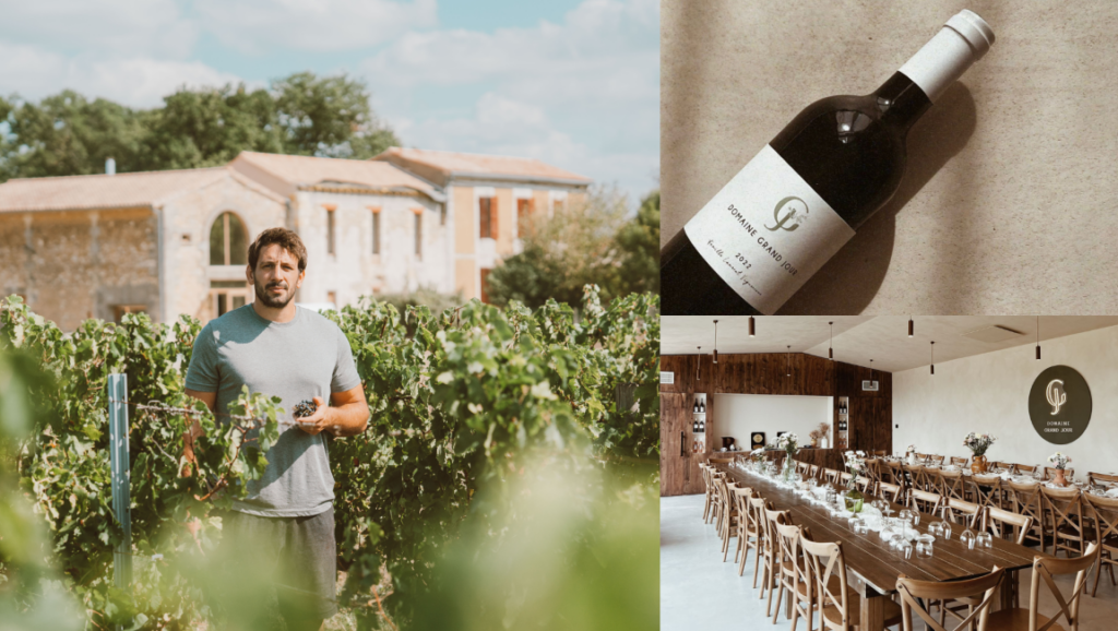 Assemblage de 3 photos dont une de Rémi Lamerat dans les vignes, une autre d'une bouteille du domaine et enfin une photo de la salle de réception